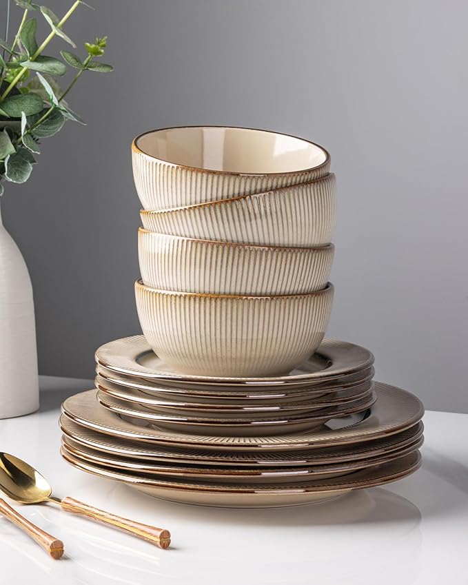 GBHOME Ceramic Dinnerware Sets 18 Piece Embossed Elegant Stoneware Plates and Bowls Sets Housewarming Wedding Gift | Dishwasher &amp Microwave Safe | Dishes Set Service for 6
