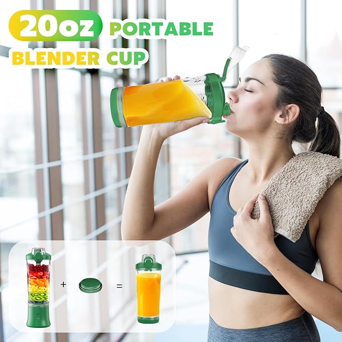 Portable Blender Personal Juicer for Shakes and Smoothies - 20 OZ Electric Protein Shaker Bottle with Insulated Sleeve Travel Lid USB-C Rechargeable - Mini Small Blender Cup for Kitchen Office Gym