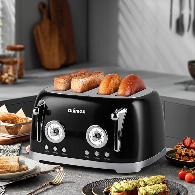 CUSIMAX Toaster 4 Slice Retro Toaster with Wide Slots for Bagels Stainless Steel with 6 Toast Settings Bagel Cancel Defrost &amp Reheat Functions Dual Independent Control Panels Black