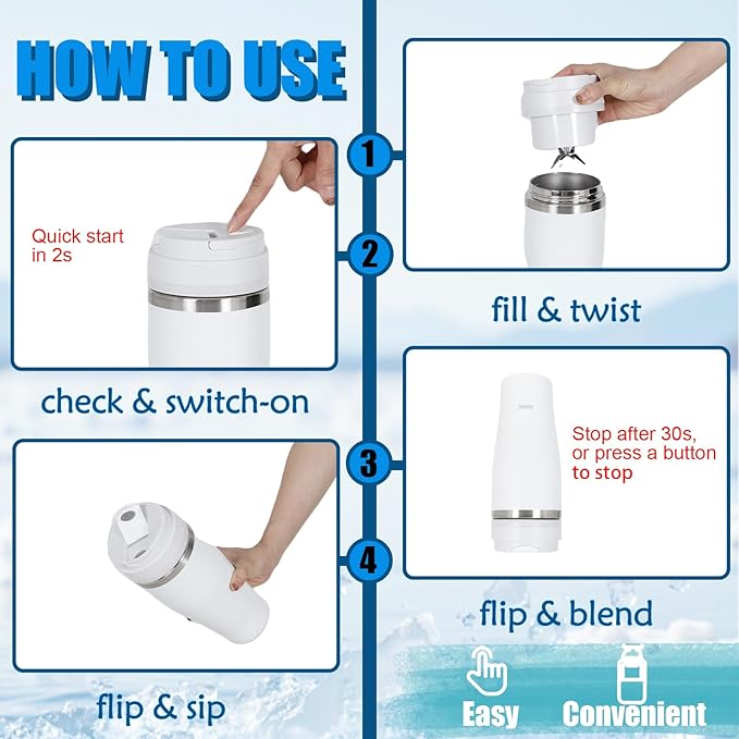 Ice Shave 2-in-1 Stainless Steel Vacuum Tumbler &amp Cordless Blender - 28oz Leak Resistant Cold 24Hrs/Ice 2 Days 120 Watts with Waterproof Charging - For Smoothies Home/Office/Car White
