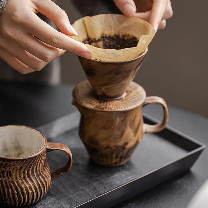 Pour Over Coffee Maker Set Vintage Ceramic Pour Over V60 Coffee Dripper Setfor Home Café Restaurant Camping7oz/220ml Pour Over Coffee Dripper (Brown)