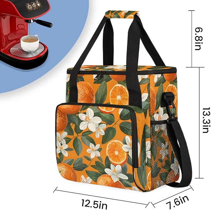 Flower Orange Print Coffee Maker Travel Bag for Keurig K-Mini/K-Mini Plus Insulated Waterproof Tote with Pockets for K-Cup Portable Single-Serve Brewer Case