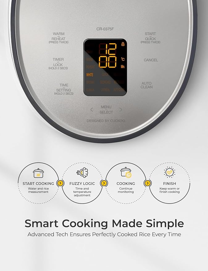 CUCKOO Micom Rice Cooker 3-Cup Uncooked / 6-Cup Cooked with Nonstick Inner Pot Small Rice Maker with 8 Menu Options Fuzzy Logic Technology Auto Clean Quick Rice Mode Gray (CR-0375FG)