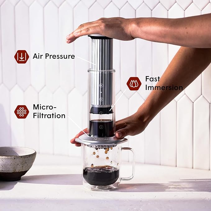 AeroPress Premium Coffee Press Glass Stainless Steel &amp Aluminum Coffee Maker All-in-One French Press Pour-Over &amp Espresso Style Manual Brewer 2 Min Brew for Less Bitterness More Flavor