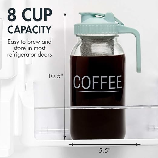 Primula Mason Jar Cold Brew Iced Coffee Maker with Stainless Steel Filter and Easy Pour Lid Durable Glass Pitcher Fits in Most Fridge Doors Dishwasher Safe Made without BPA 2-Quart Aqua