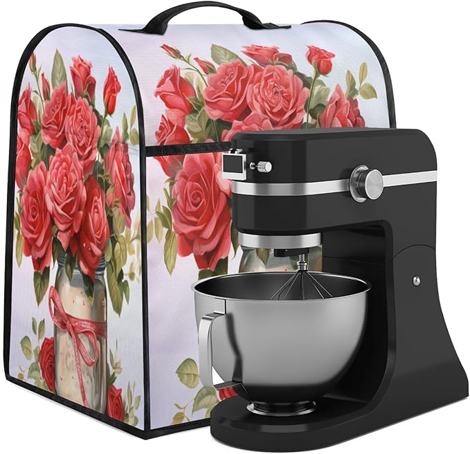 Kitchen Aid Mixer Cover Rose Flower Stand Mixer Cover Compatible with 6-8 Quarts Stand Mixers Dust Covers with Zipper Pocket Foldable Washable Kitchen Aid Organizer Bag