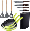 Set 3pc Frying Pan (20+24+28cm) Green Pressed Aluminum with Set 3pc Kitchen Utensils Silicone Wood with Set 4pc Stainless Steel Knives with Tacom