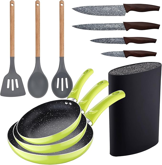 Set 3pc Frying Pan (20+24+28cm) Green Pressed Aluminum with Set 3pc Kitchen Utensils Silicone Wood with Set 4pc Stainless Steel Knives with Tacom