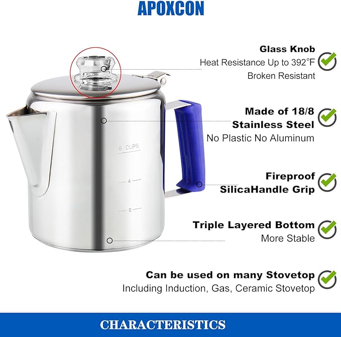 Multi Use Percolator Coffee Pot Stainless Steel Stove Top Coffee Maker with Two Tough Borosilicate Glass Knob Silica Handle Camping Coffee Pot Using on Campfire Stove &amp Induction Cooker Silver 6 C