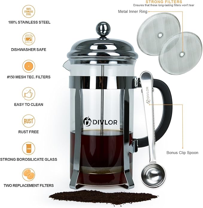 French Press Coffee Maker - 34 Ounce 8 Cups Clip Spoon and 2 Bonus Filter Included By Divlor