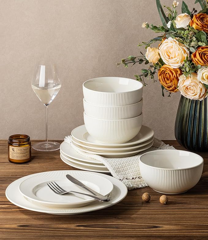 TheTerra Stoneware Dinnerware Sets for 6 18 Pieces Ceramic Plates and Bowls Sets Scratch Resistant Embossed Dish Set Oven Microwave &amp Dishwasher Safe Reactive White