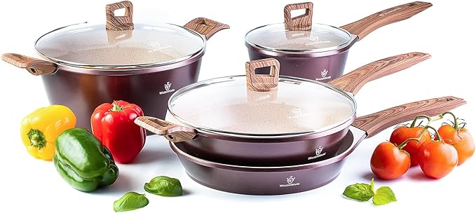 Waxonware 7pc Kitchen Pots and Pans Set Non stick German Coated Kitchen Cookware Set Premium - Dishwasher Safe and 100% PFOA and PTFE Free - Induction Cooking Non Stick Pots and Pan Set - Marbellous