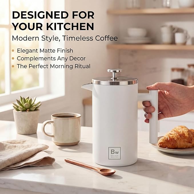 Barista Warrior French Press Coffee Maker Stainless Steel with Built-In Thermometer - Insulated Double Wall Design Dual Filter System Stay-Cool Handle &amp Wood Spoon - White