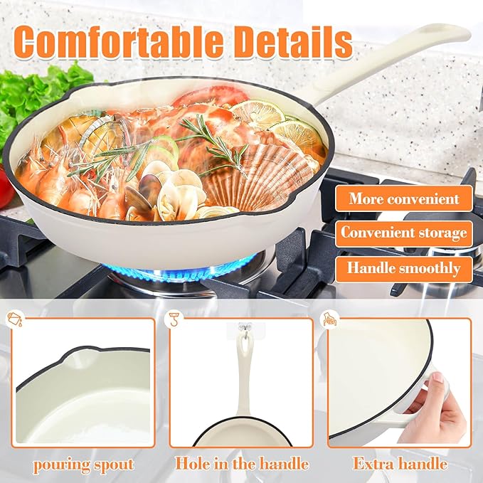 Hisencn Enameled Cast Iron Skillet Set - 3-Piece Fry Pans (89.511) PFAS/PTFE/PFOA-Free Oven &amp Induction Safe Cream White Cookware for Gas Electric Ceramic Stovetops