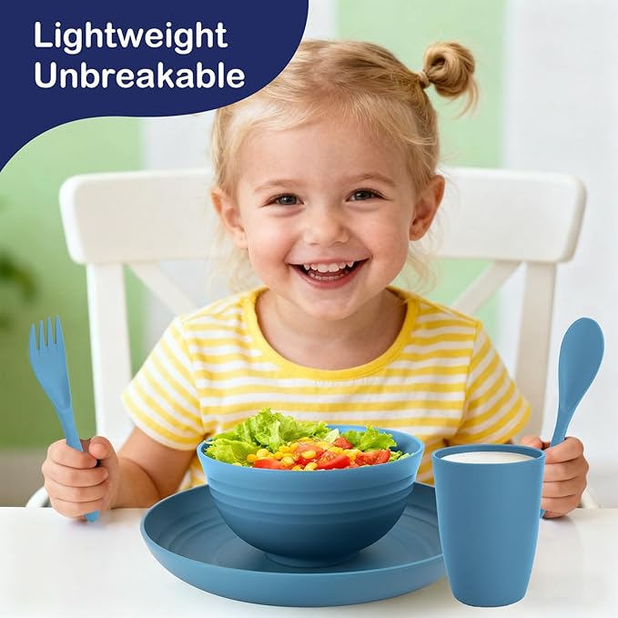 Wheat Straw Dinnerware Sets for 4 Reusable Plastic Dinner Plates Unbreakable Kids Plates and Bowls Sets 20 PCS Dishwasher &amp Microwave Safe Kitchen Camping Dorm Dish Sets- Blue