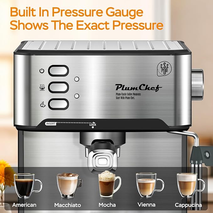 20 Bar Professional Espresso Machine with Milk Frother Dual Shot ESE Pod Compatible 54 OZ Removable Water Tank for Home BaristaSilver