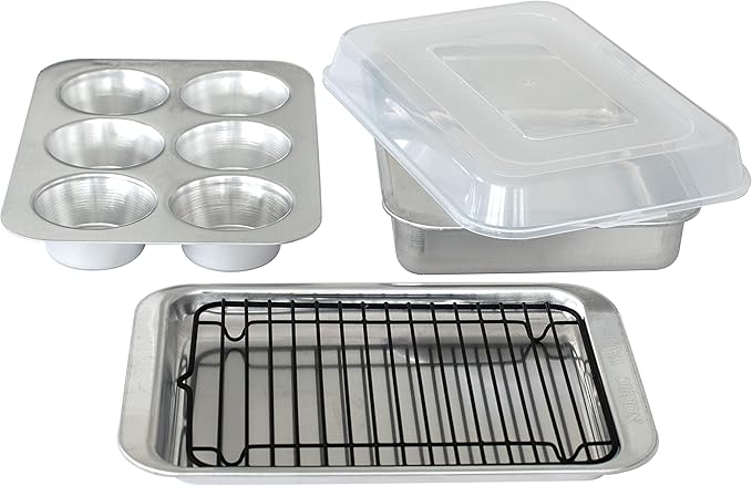 Nordic Ware Naturals 5 Piece Compact Pan Set Toaster Oven Counter Ovens Air Fryer and Broiler Safe Size for 1-2 Portions - Includes Rectangular Pan Muffin Pan Baking Sheet Broiling Rack and Lid
