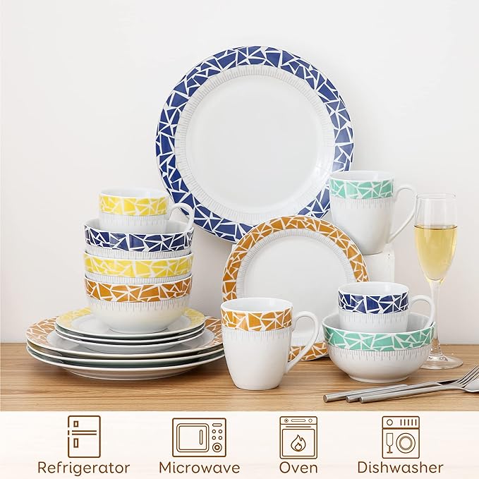 VEWEET Cecil Porcelain Dinner Service Set 16-Piece Crockery Set Includes 10.75 Inch Dinner Plates 7.5 Inch Dessert Plates 5.5 Inch Bowl and 380 ml Coffee Mug Complete Service for 4 People