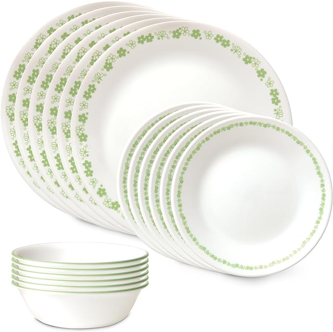 Corelle Vitrelle 18 Piece Dinnerware Sets Service for 6 &amp 28 oz Soup Bowls Set of 6 Chip &amp Crack Resistant Glass