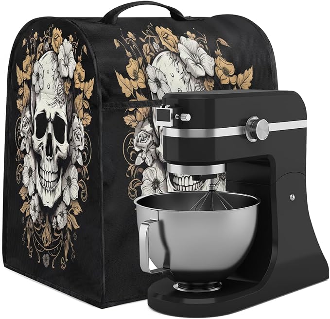 cfpolar Kitchen Aid Mixer Cover Compatible with 6-8 Quarts Vintage Flower Skull Stand Mixer Cover Kitchen Aid Mixers Accessories Appliance Organizer Bag Dust Covers with Zipper Pocket