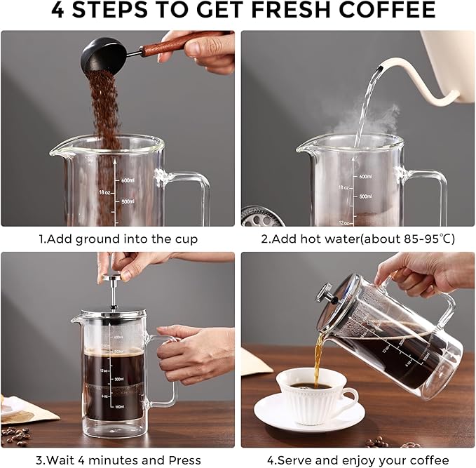 Bincoo French Press Coffee Maker 600MLDouble Wall Insulated Borolicate Glass French Press for Tea and Frothed Milk Press