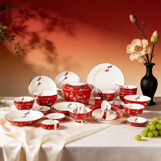 48 Piece Fine Bone China Dinnerware Set Luxury Dinner Set with Elegant Gold Rim (Royal Red)