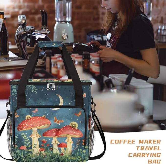 Mushroom Butterfly Moon Coffee Maker Carring Bag Travel Carrying Storage Tote Bag Compatible with Keurig K-Mini or K-Mini Plus Portable Single Serve Coffee Brewer Case with Pockets for K-cup Pods