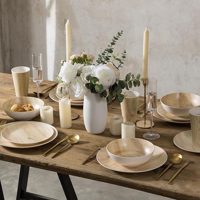 MissYIP 16 Pcs Melamine Dinnerware Set Service for 4Woodland Melamine Plates Set with Bowls and CupsNon-breakable Lightweight Dining Tableware Indoor and Outdoor useDishwasher SafeWood grain