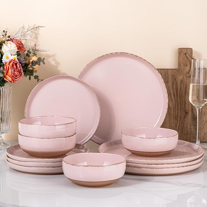 AmorArc Ceramic Dinnerware Sets for 4 12 Pieces Handpainted Plates and Bowls Set with Rustic Terracotta Underside Scratch Resistant Stoneware Dishes Set Dishwasher &amp Microwave Safe