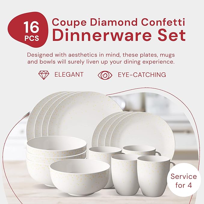 Safdie &amp Co. - Diamond Confetti Plates and Bowls Sets Modern Dinnerware Set Kitchen Dinnerware Sets Indoor and Outdoor Plates 16-Piece Kitchen Plates and Bowls Set with Mugs Dishwasher Safe