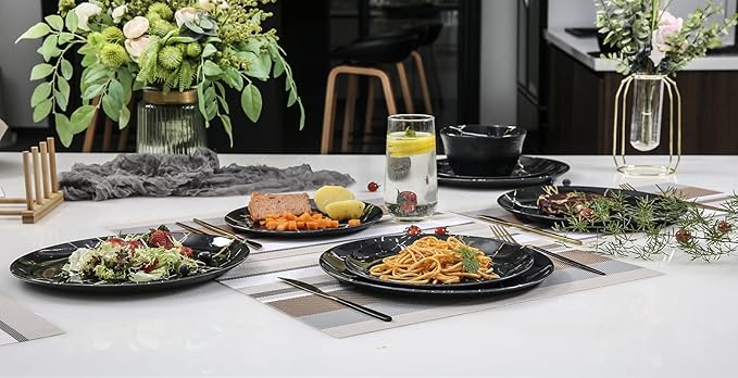 Melamine Dinnerware Set - 12pcs Plates and Bowls Sets Best for Indoor and Outdoor Party BPA-Free Dishwasher Safe Kitchen Dinner Set with Black Marble Pattern