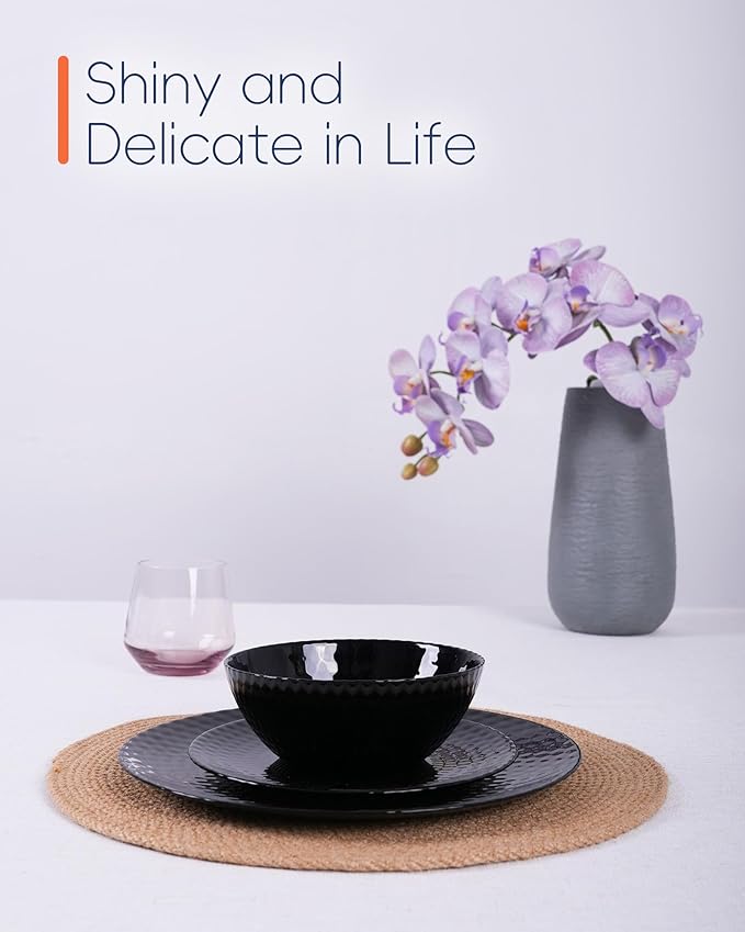 Dinnerware Sets for 4 Light &amp Durable 12 Pieces Opal Glass Plates and Bowls Set Dishwasher and Microwave Safe Dish Dinning Ware Thin but Strong Geometric Faceted Black
