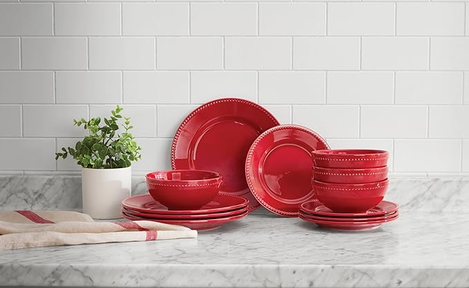 12-Piece Stoneware Dinnerware Set in Redincluding 4 Dinner Plates 4 Salad Plates 4 Bowlsperfect for family dinners casual gatherings or adding a pop of color to your table