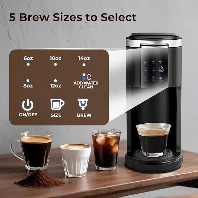 Single Serve Coffee Maker 2 in 1 Coffee Machine with Ground Coffee &amp Pods Coffee 6 to 14 Oz Brew SizesMini One Cup Coffee Maker 40oz Water TankAuto Cleaning &amp Shut Off Black