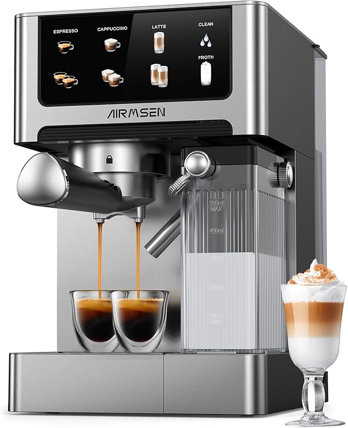 AIRMSEN 20 Bar Espresso Machine with Automatic Milk Frother Cappuccino &amp Latte Coffee Maker with Quick Brew Dual Boiler (1350W + 1000W) Stainless Steel 60oz Water Tank Touchscreen