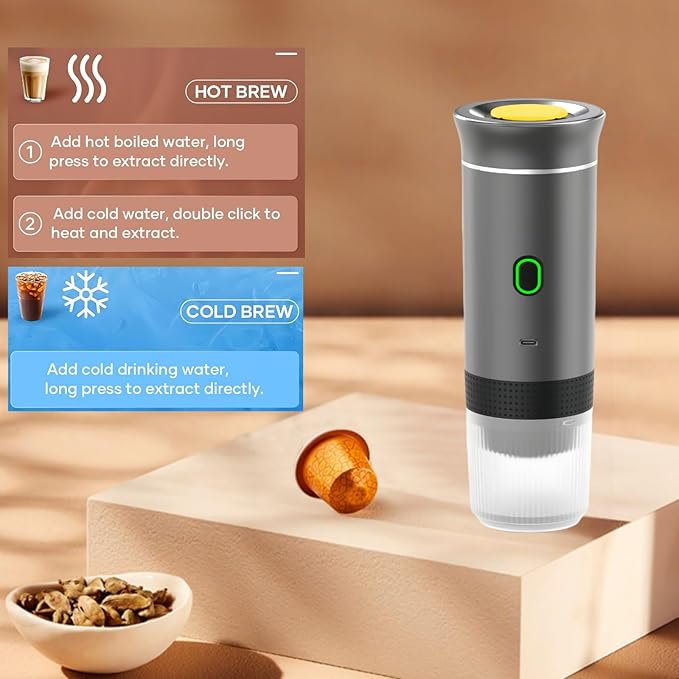 Mini Electric Espresso Coffee Machine Small Self-Heating Portable Car Coffee Maker with Capsule and Ground Coffee for Office RV Travel Camping Hiking (gray)