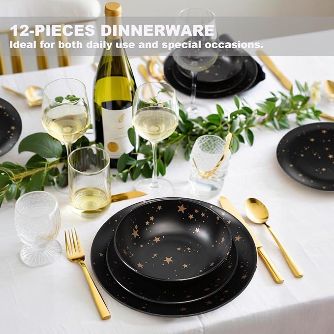 Black Melamine Dinnerware Sets - 12pcs Plates and Bowls Sets Unbreakable Camping Dishes Set for 4 Indoor and Outdoor Use Non-breakable Dinner Set - Star