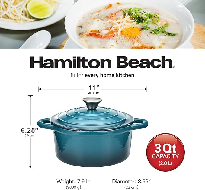 Hamilton Beach 3-Quart Enameled Cast Iron Dutch Oven Navy with Cream Interior | Even Heat Distribution &amp Easy-Grip Handles | Ideal for Braising RoastingStewing &amp Bread Baking