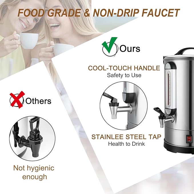 Commercial Coffee Maker 100 Cup Coffee Urn Hot Beverage Dispenser 4 Gallon 16L Large Coffee Urn Dual Layers 304 Stainless Steel 1300W Fast Brew Percolator For Business Catering Church