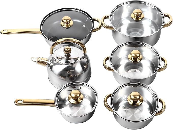 Stainless Steel Kitchen Pots Set 12pcs Pots and Pans Set Multiple Sizes Heat Suitable for All Cooktops Easy to Cookware for Home Cooking