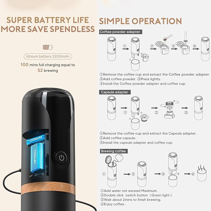 Travel Espresso Machine Portable Espresso Coffee Maker Coffee Compatible with Powder and Coffee Capsules No Heating Function and Long Battery Life for Traveling Camping Hiking Fishing
