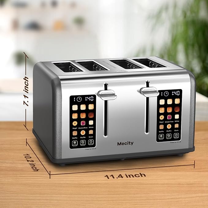 Mecity 4 Slice Toaster with Touch Screen Control 4 Wide Slots Stainless Steel Smart Bread Toaster for Bagels Muffins Waffles Dual Control Panel Timer Defrost Reheat 120V 1650W Pearl Grey