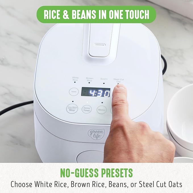 GreenLife Digital Rice &amp Beans Cooker 2-Cups Uncooked/4-Cups Cooked Removable Nonstick Ceramic PFAS-Free Pot One-Touch Presets Oats Quinoa Brown Rice Auto Keep Warm Fuzzy Logic Tech 1.5 Q