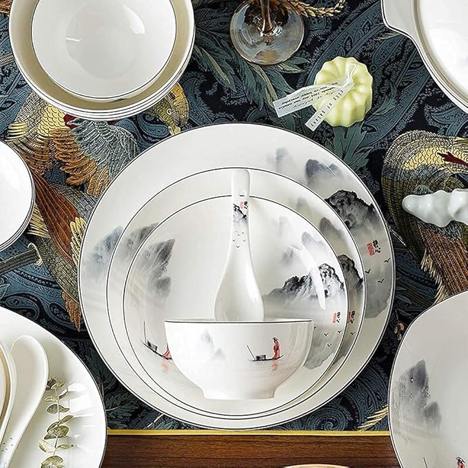 Porcelain Dinnerware Sets Plates and Bowls Sets 60-Piece Dinnerware Set Antiquity Chinese Style Porcelain Set Dinner Dishes Set Plates/Bowls/Spoons and Soup Pot Service for 12