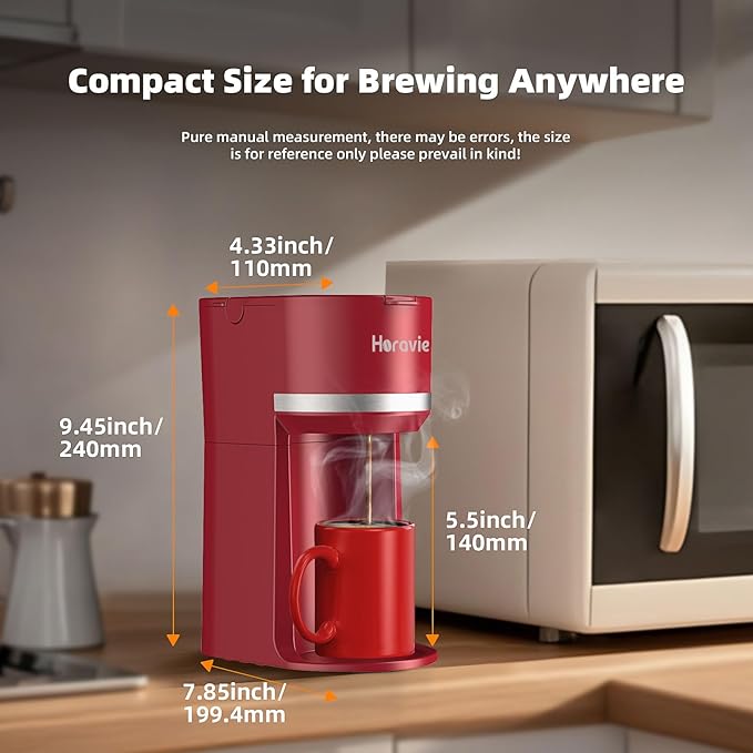 Mini Single Serve Coffee Maker for K Cup and Ground Coffee Fast Brew One Cup Coffee Machine with Descaling Reminder and Water Window 6 to 12 oz. Brew Sizes Red