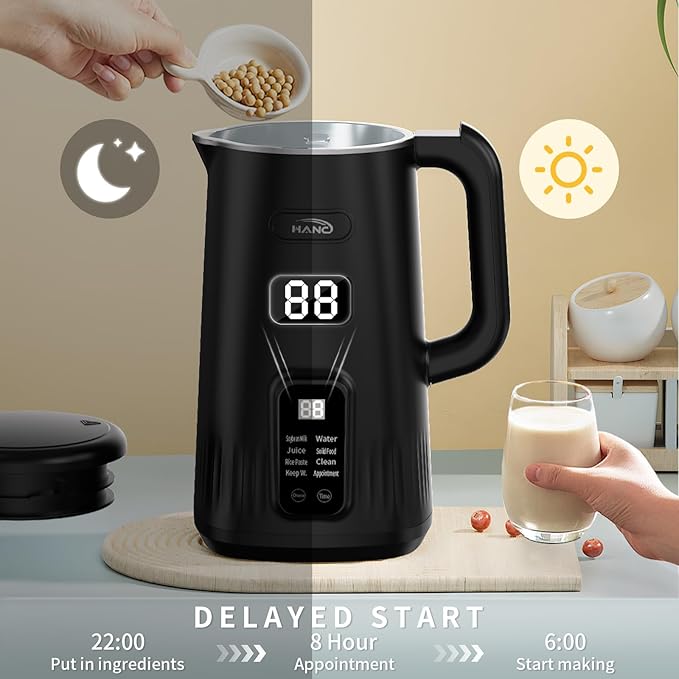 Nut Milk Maker Machine 28oz 8-in-1 Automatic Silent Soy Milk Maker for Homemade Almond Oat Coconut &amp Plant-Based Drinks with Delay Start/Keep Warm/Self-Cleaning/Boil Water (Black)