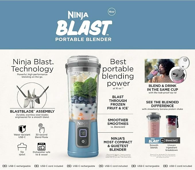 Ninja Blast 16 oz. Personal Portable Blender with Leak Proof Lid and Easy Sip Spout Perfect for Smoothies Cordless USB-C Rechargeable Dishwasher Safe Parts (Renewed) (Denim Blue)