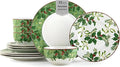 222 Fifth Christmas Foliage 12-Piece Porcelain Dinnerware Set for 4 - Glossy White Plates and Bowls Sets with Green Holly and Berry Design Durable Ceramic Dish Set for Holiday Dining Elegant Dishes