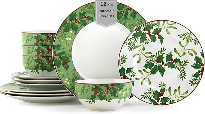 222 Fifth Christmas Foliage 12-Piece Porcelain Dinnerware Set for 4 - Glossy White Plates and Bowls Sets with Green Holly and Berry Design Durable Ceramic Dish Set for Holiday Dining Elegant Dishes