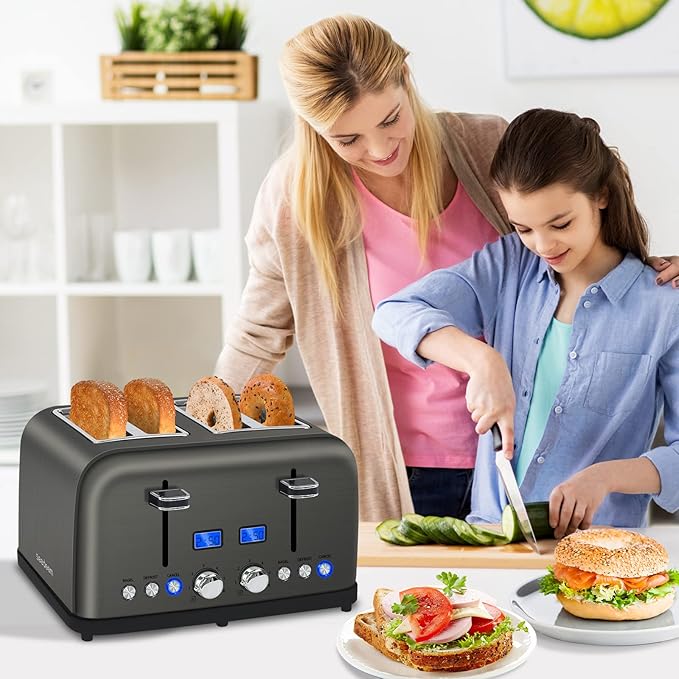 SEEDEEM Toaster 4 Slice LCD Display 6 Shade Settings 1.5'' Wide Slots Digital Stainless Toaster for Bagel Defrost Reheat Dual Control Removable Crumb Tray 1500W Dark Metallic